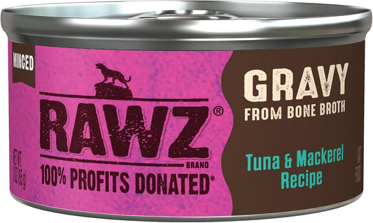 Rawz Natural Premium Minced Canned Cat Food In Gravy From Bone Broth - Made With Real Meat Ingredients No Bpa & Gums - (3 Ounce Cans) (Pack Of 18), Tuna & Mackerel