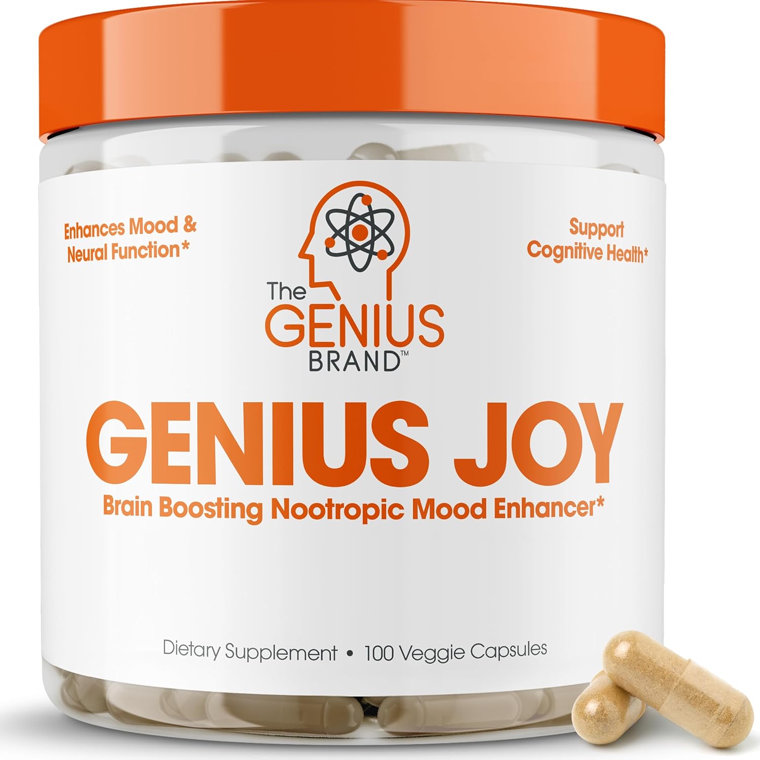 Genius Joy, Nootropic Mood Enhancer Supplement - Support Cognitive Health, Enhance Mood & Neural Function With Brain Boosting L-Theanine, Panax Ginseng & Sam-E - Organic, Non-Gmo, & Gluten-Free