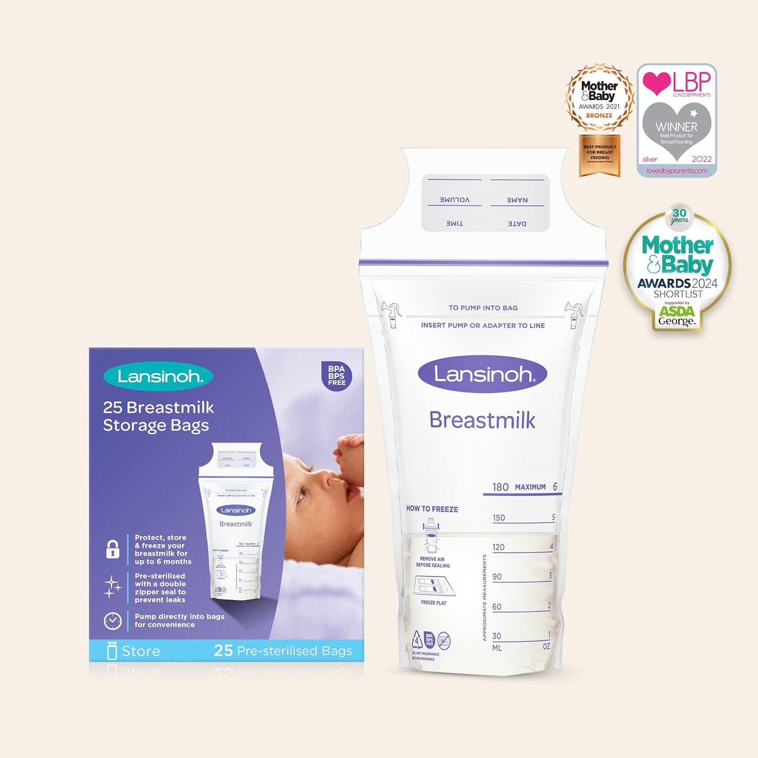 Lansinoh Breast Milk Storage Bags - 180ml - 25 Pack - Fridge Freezer Breastfeeding BPA-Free Pre-sterilised Breastmilk Pouches Double Zipper Leak-Proof Containers Maternity Breast feeding Essentials : Amazon.co.uk: Baby Products