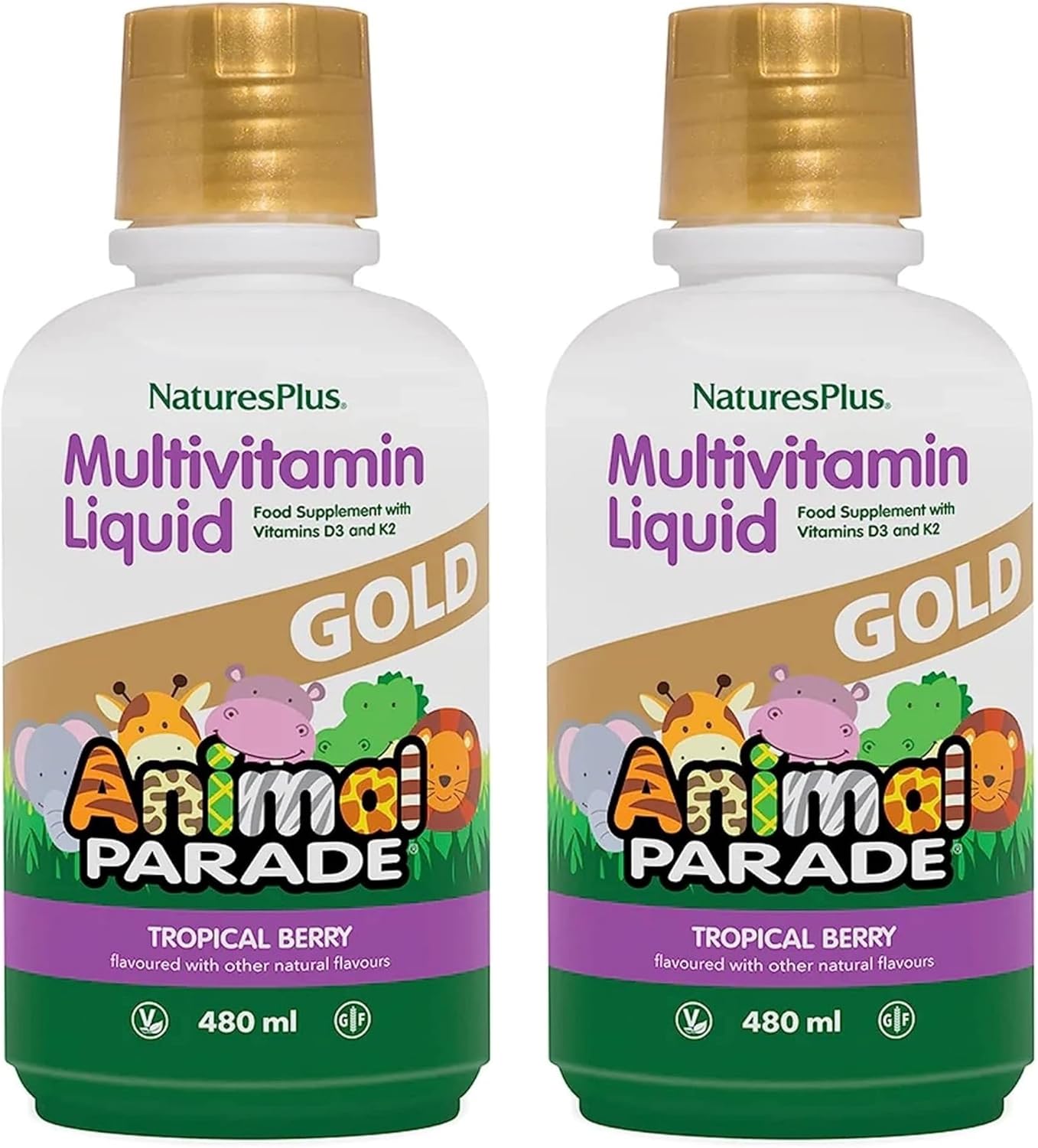 Natures Plus Animal Parade Gold Children'S Liquid Multivitamin - 16 Fl Oz, Pack Of 2 - Natural Tropical Berry Flavor - Gluten Free, Vegan - 64 Total Servings