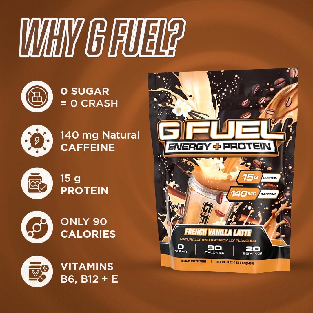 G Fuel Energy + Protein Powder Mix, French Vanilla Latte Flavor, Sugar Free, Clean Caffeine Focus Supplement, Metabolism Support, Focus nootropics, Vitamin + Antioxidant Blend, 19 oz (20 Servings) : Health & Household