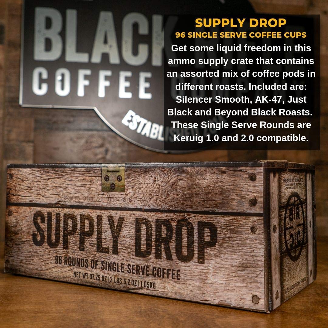 Black Rifle Coffee Company Supply Drop Variety Pack, With Silencer Smooth, Ak Espresso, Just Black, And Beyond Black Blends, 96 Coffee Pods