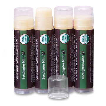 USDA Organic Lip Balm 4-Pack by Earth's Daughter - Eucalyptus Mint Flavor, Beeswax, Coconut Oil, Vitamin E - Best Lip Repair Chapstick for Dry Cracked Lips