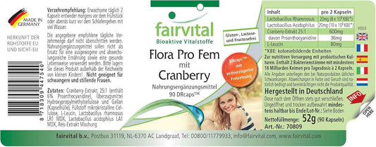 Fairvital | Flora Pro Fem - Cultures Complex Probiotics & Prebiotics - Lactobacillus rhamnosus and acidophilus with Cranberry - 90 capsules