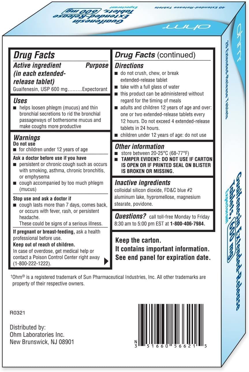 Ohm Guaifenesin Chest Congestion And Mucus Relief Extended-Release Tablets 600 Mg 12-Hour 20 Expectorant Caplet : Health & Household