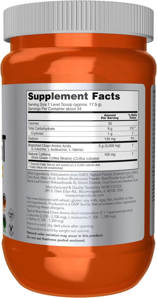 NOW Sports Nutrition, BCAA Blast Powder, 5 g BCAA, 100 mg Caffeine, Tropical Punch, 600-Grams
