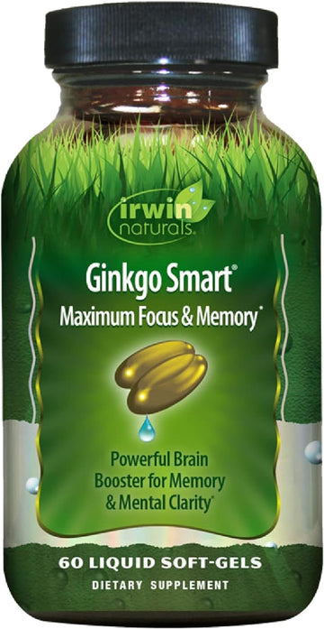 Irwin Naturals Ginkgo Smart Powerful Nootropic Brain Booster - Supports Maximum Memory, Focus & Mental Clarity With Dmae, Clubmoss, Choline & Acetyl L-Carnitine - 60 Liquid Softgels