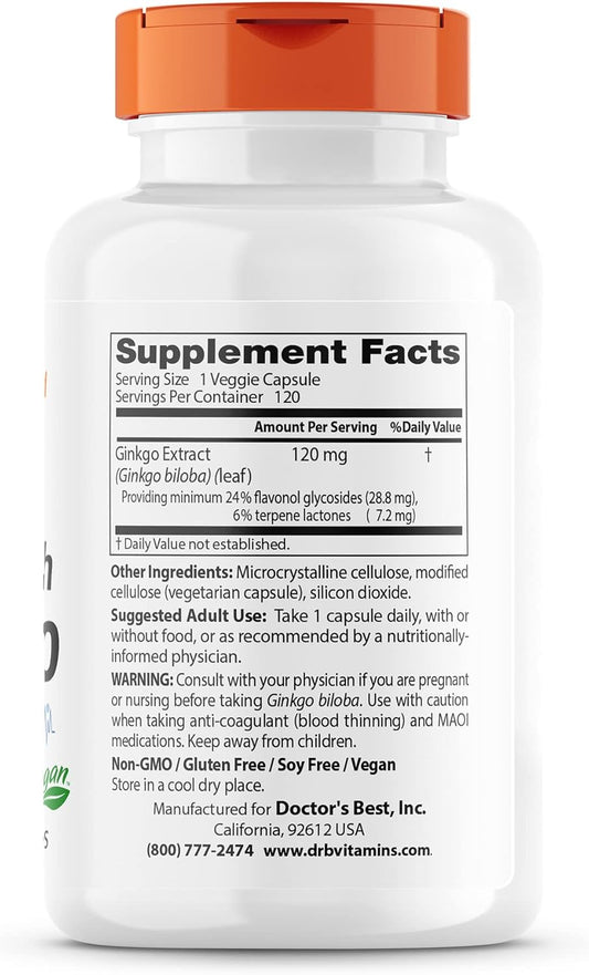 Doctor'S Best Extra Strength Ginkgo, Non-Gmo, Gluten Free, Vegan, Soy Free, Promotes Mental Function And Memory, 120 Mg, 120 Count (Pack Of 1)