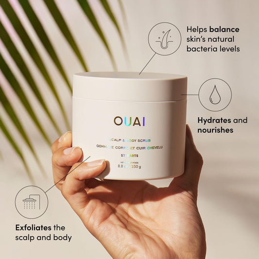 OUAI Scalp & Body Scrub, St. Barts - Foaming Coconut Oil Sugar Scrub and Gentle Scalp Exfoliator Cleanses, Removes Buildup, and Moisturizes Skin - Paraben, Phthalate and Sulfate Free Body Care (3.4oz)