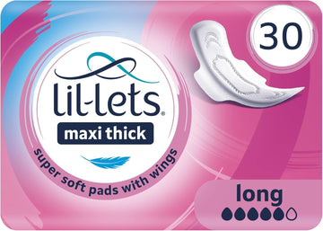 Lil-Lets Maxi Thick Period Pads X 30, Long Absorbency, with Wings, 1 Pack of 30 Maxi Pads, for Medium to Heavy Flow, Unscented, Super Absorbency Sanitary Towel