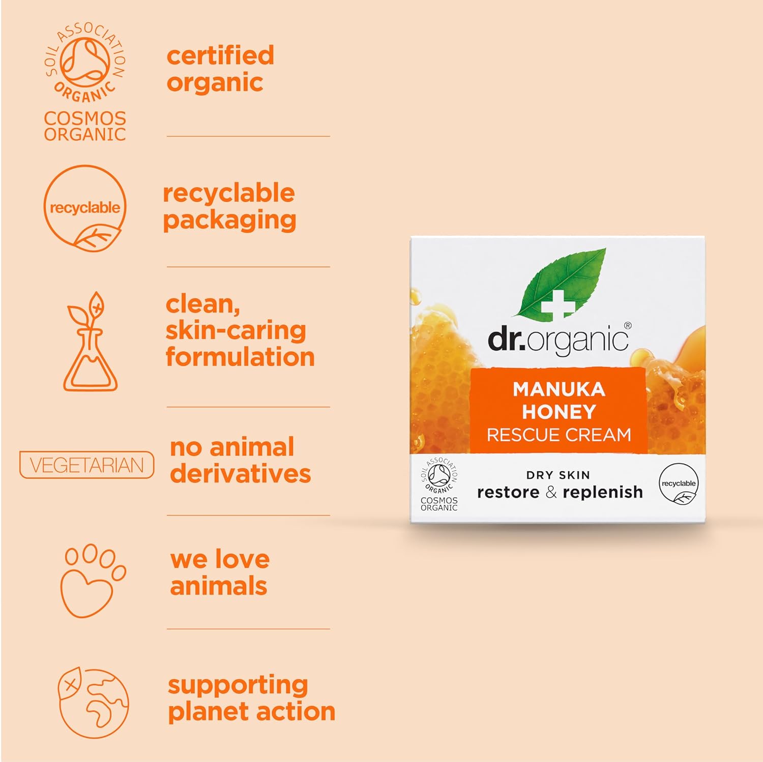 Dr. Organic Manuka Honey Rescue Cream | Nourishing And Soothing Face Cream For Dry Skin, Intensive Hypoallergenic Emollient, Certified Organic, Paraben & Sls-Free, Natural, 50 Ml / 1.7 Fl Oz : Body Gels And Creams : Beauty & Personal Care