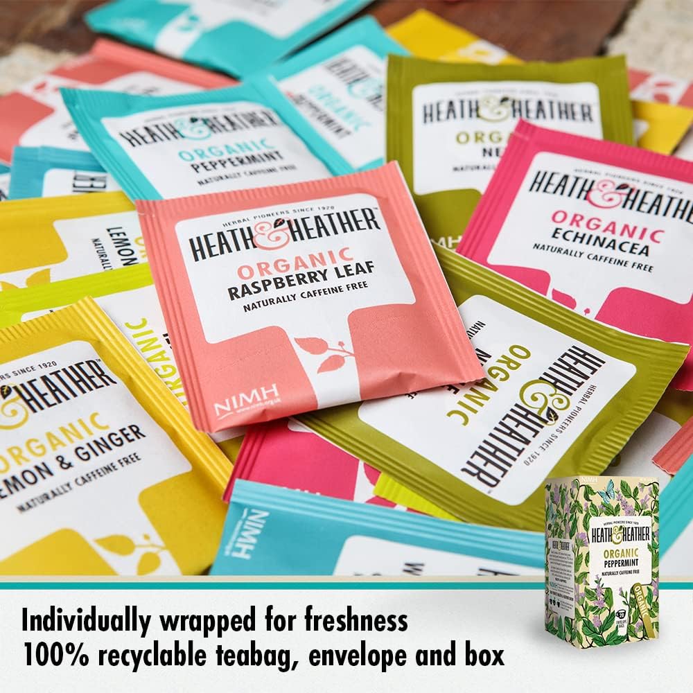 Heath & Heather Organic Peppermint Teabags | Individually Wrapped Caffeine-Free Herbal Tea Infusions | 6 Packs of 20, Total 120 Tea Bags : Amazon.co.uk: Grocery