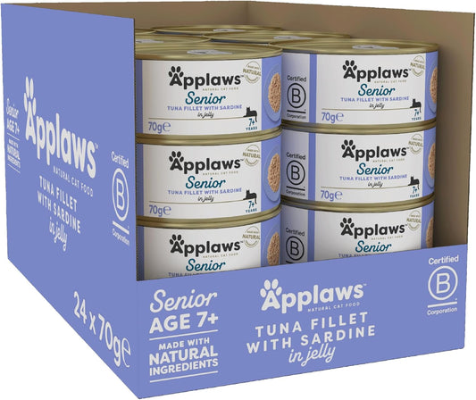 Applaws Natural Senior Wet Cat Food, Tuna with Sardines in a Soft Mousse 70g Tin(Pack of 24 x 70g Tins)?1331NE-A