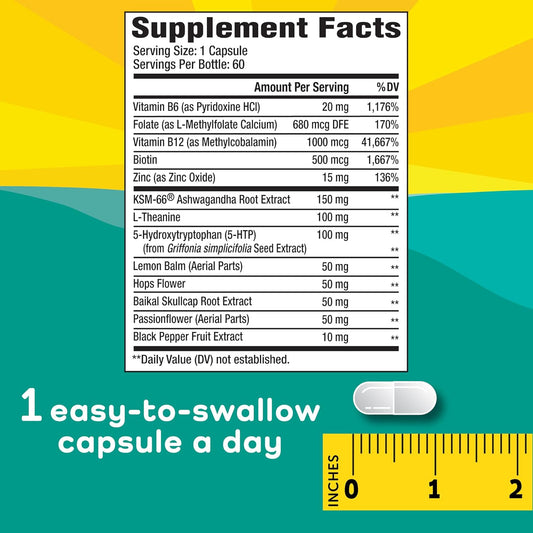 Stress Relief Aid For Teens - Vegan - Pyridoxine B6, L-Theanine - Vitamin Dietary Supplement - 60 Capsules