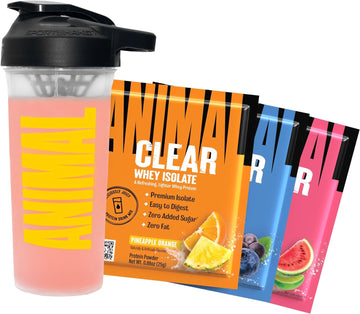 Animal Clear Whey Protein Isolate Sampler Pack & Shaker Bottle - Deliciously Juicy 20G Protein, Watermelon Limeade, Blueberry Acai, Pineapple Orange, 3 Single-Serving Packets