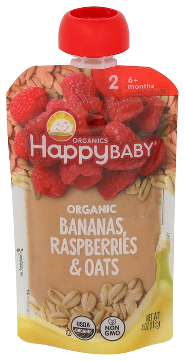 Happy Baby Organics Stage 2 Baby Food Pouches, Gluten Free, Vegan & Healthy Snack, Clearly Crafted Fruit & Veggie Puree, Bananas, Raspberries & Oats, 4 Ounces (Pack Of 1)