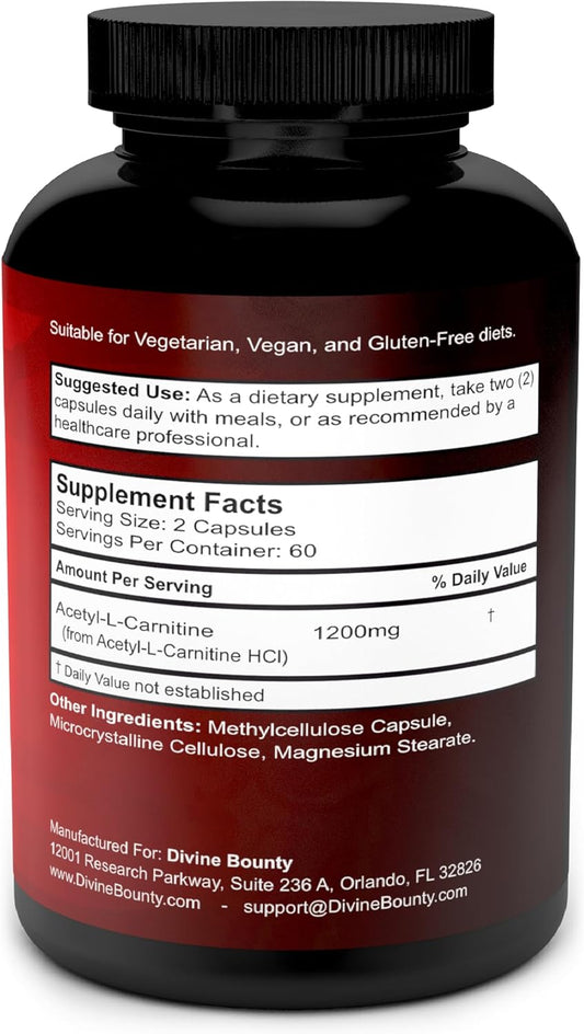 Divine Bounty Acetyl L-Carnitine Capsules 1200Mg Per Serving - L Carnitine Supplement 120 Vegetarian Capsules