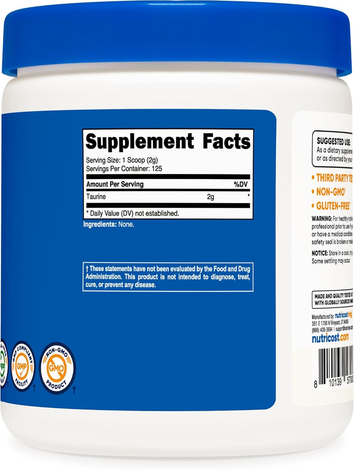 Nutricost Taurine Powder 250 Grams - 125 Servings, 2000mg Per Serving : Health & Household