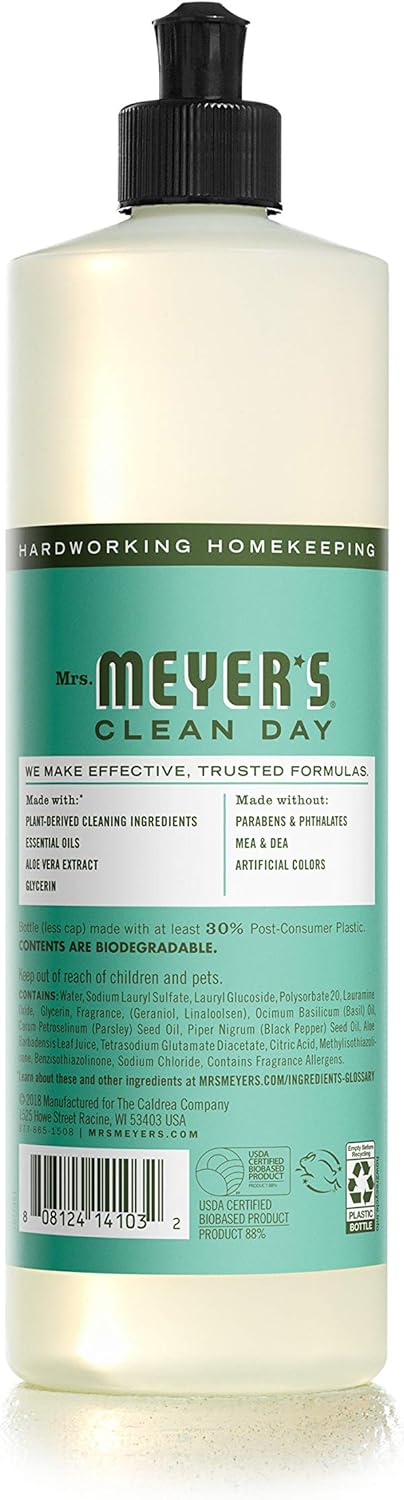 Mrs. Meyer'S Clean Day Liquid Dish Soap, Biodegradable Formula, Basil, 16 Fl. Oz - Pack Of 6