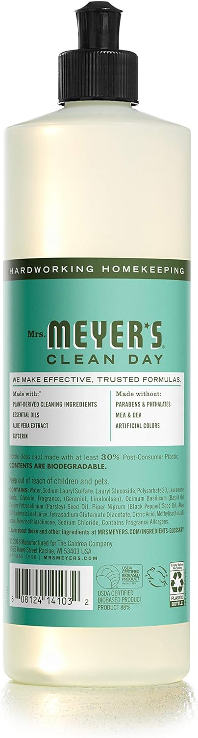 MRS. MEYER'S CLEAN DAY Liquid Dish Soap, Biodegradable Formula, Basil, 16 fl. oz - Pack of 6