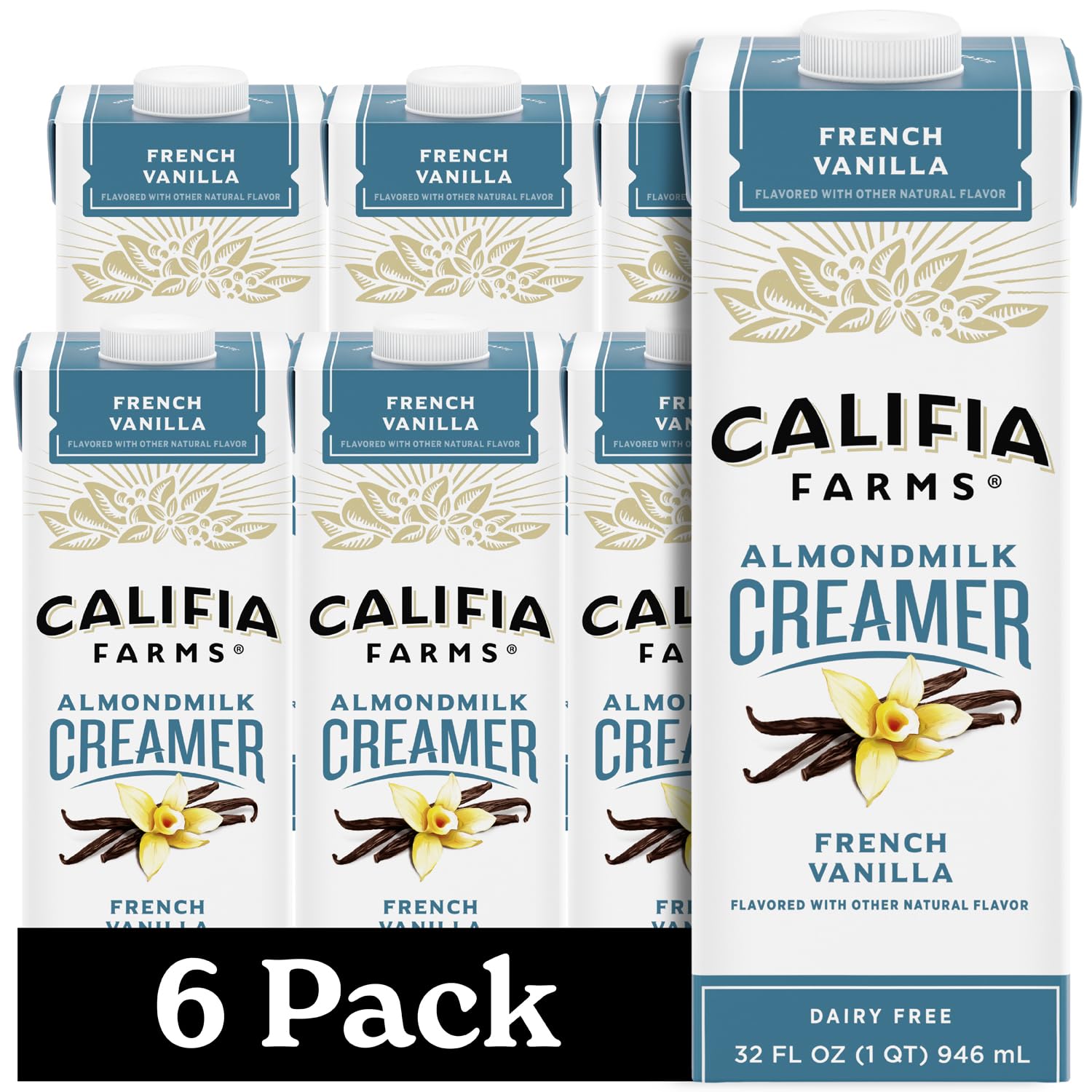 Califia Farms - French Vanilla Almond Milk Coffee Creamer, 32 Oz (Pack Of 6), Shelf Stable, Dairy Free, Plant Based, Vegan, Gluten Free, Non Gmo, Almond Creamer