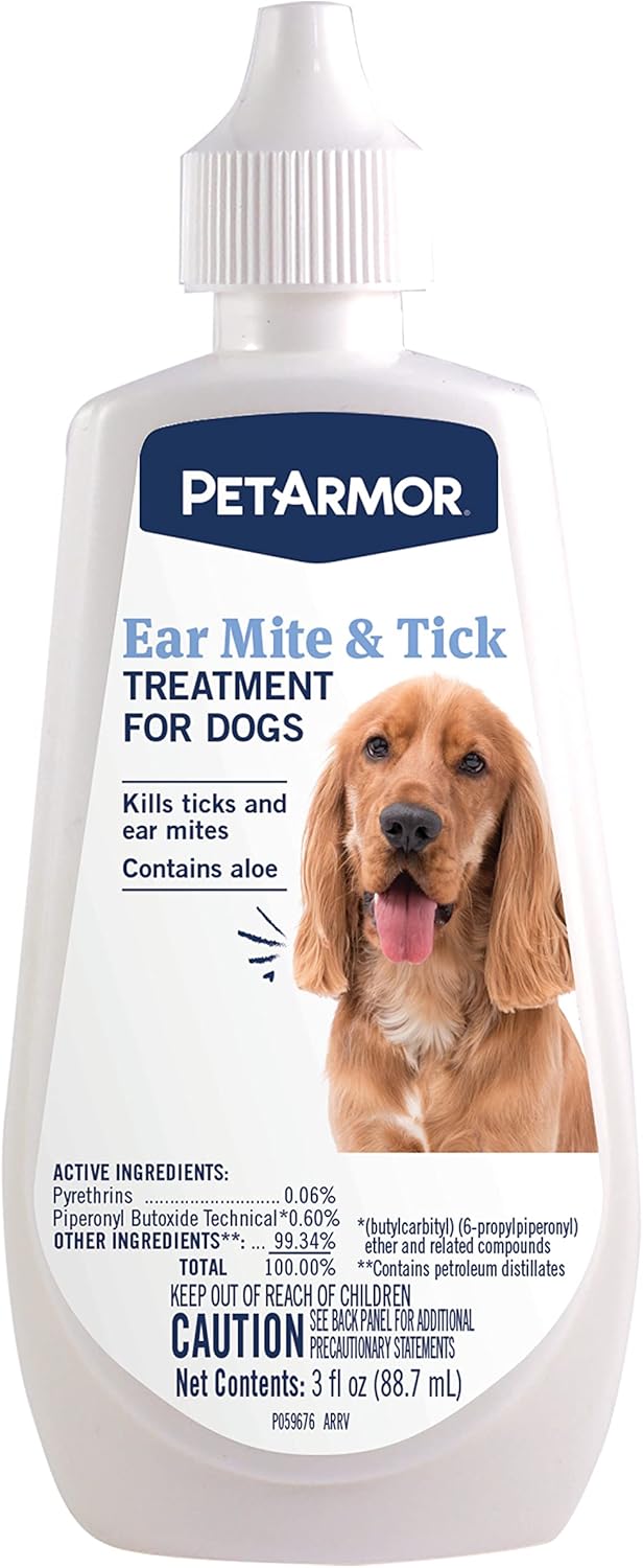 Petarmor Ear Mite Treatment For Dogs, Ear Mite Medicine Kills Ticks And Ear Mites To Relieve Itchiness, Sooths Ears With Aloe, 3Oz