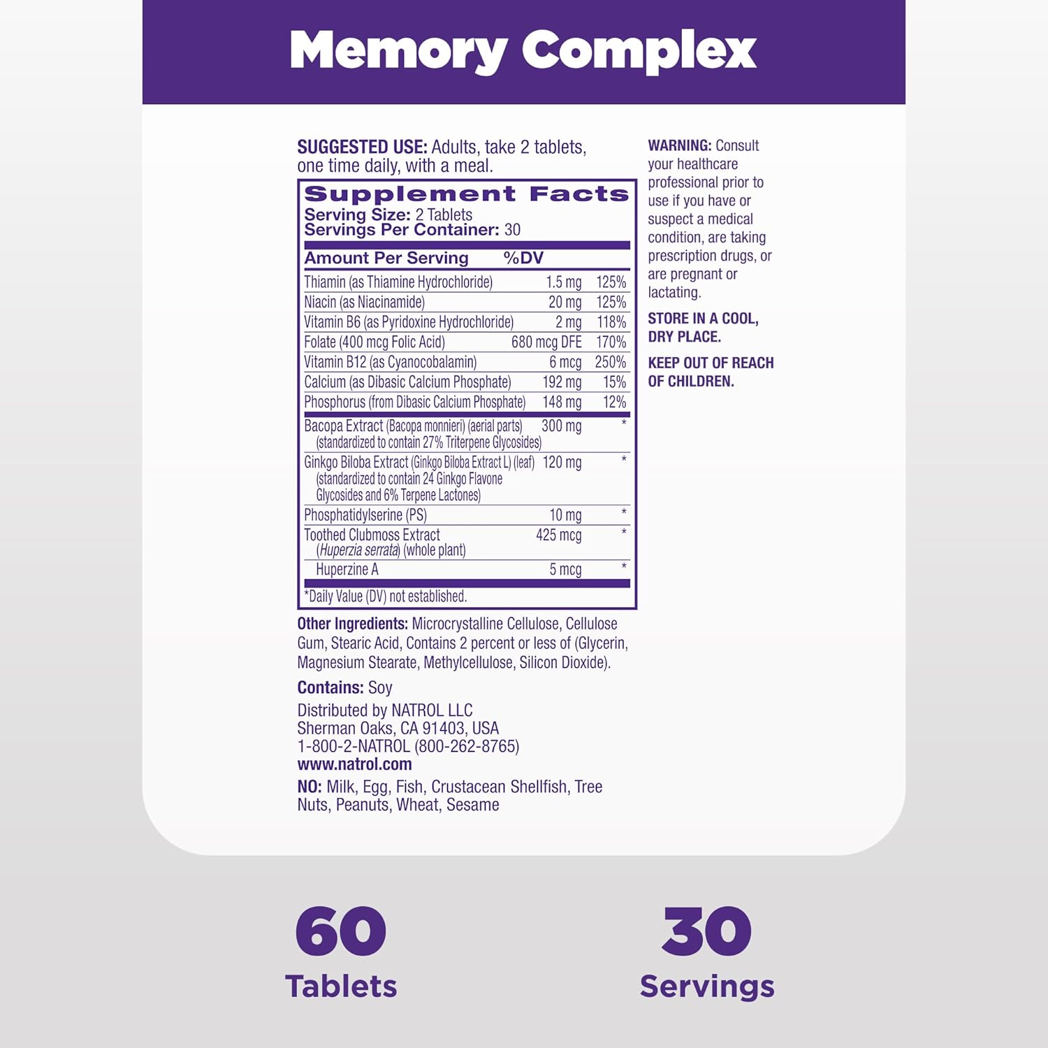 Natrol Memory Complex With Ginkgo Biloba 120mg and B Vitamins, Dietary Supplement for Brain Health and Memory Support, 60 Tablets, 30 Day Supply : Health & Household