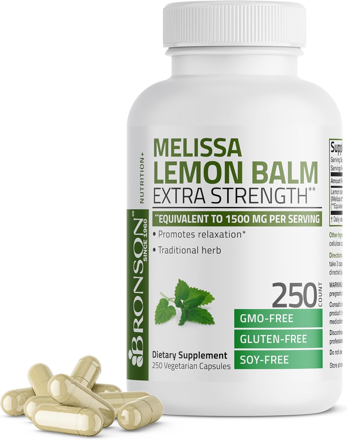 Bronson Melissa Lemon Balm Extra Strength, Non-Gmo, 250 Vegetarian Capsules