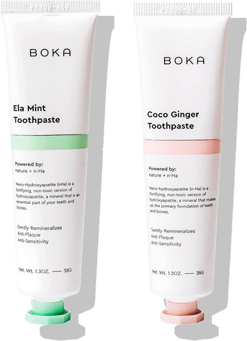 Boka Travel Size Toothpaste - Ela Mint, Coco Ginger 1.3 Fl Oz, Pack of 2 - Nano-Hydroxyapatite for Remineralizing, Sensitive Teeth & Whitening - Fluoride Free - Dentist Recommended for Adult, Kids