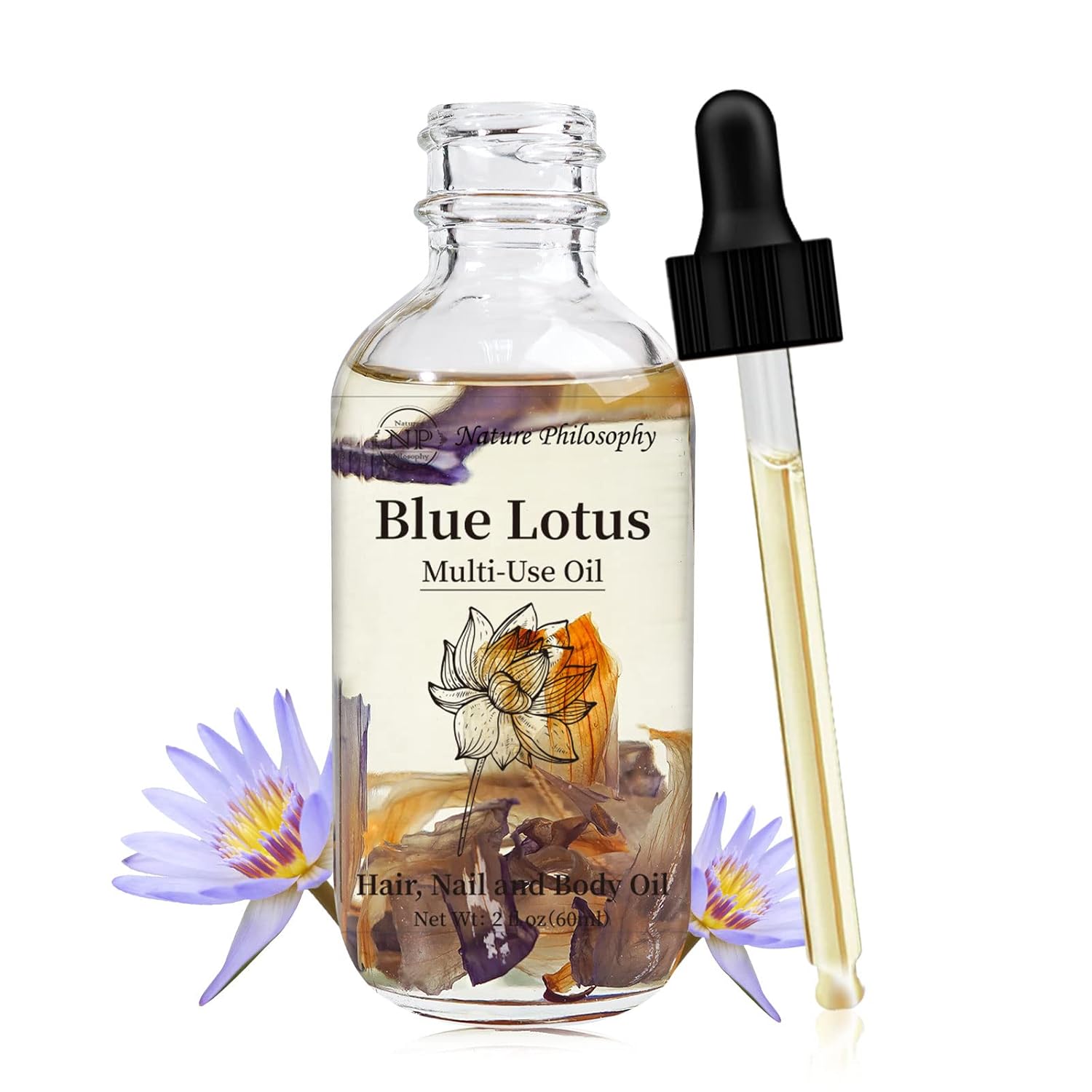 Np Natures Philosophy Blue Lotus Multi-Use Oil For Face, Body And Hair - Organic Plant Fragrant Essential Oil For Dry Skin, Scalp And Nails - 2 Fl Oz