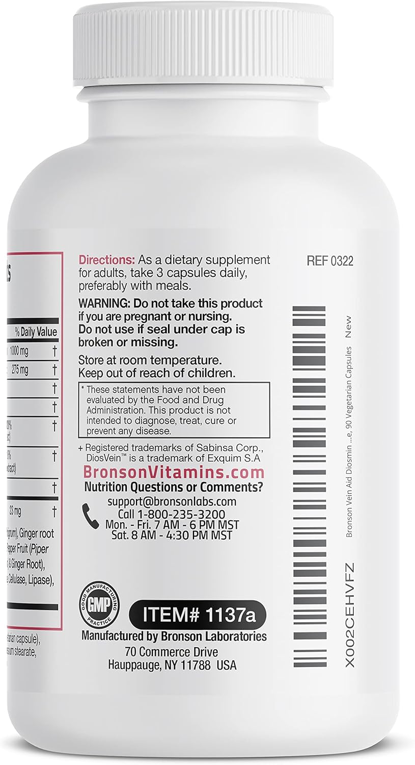 Bronson VeinAid Diosmin 1000mg DiosVein Varicose Vein Complex with Venocin & Centellin, 90 Vegetarian Capsules : Health & Household