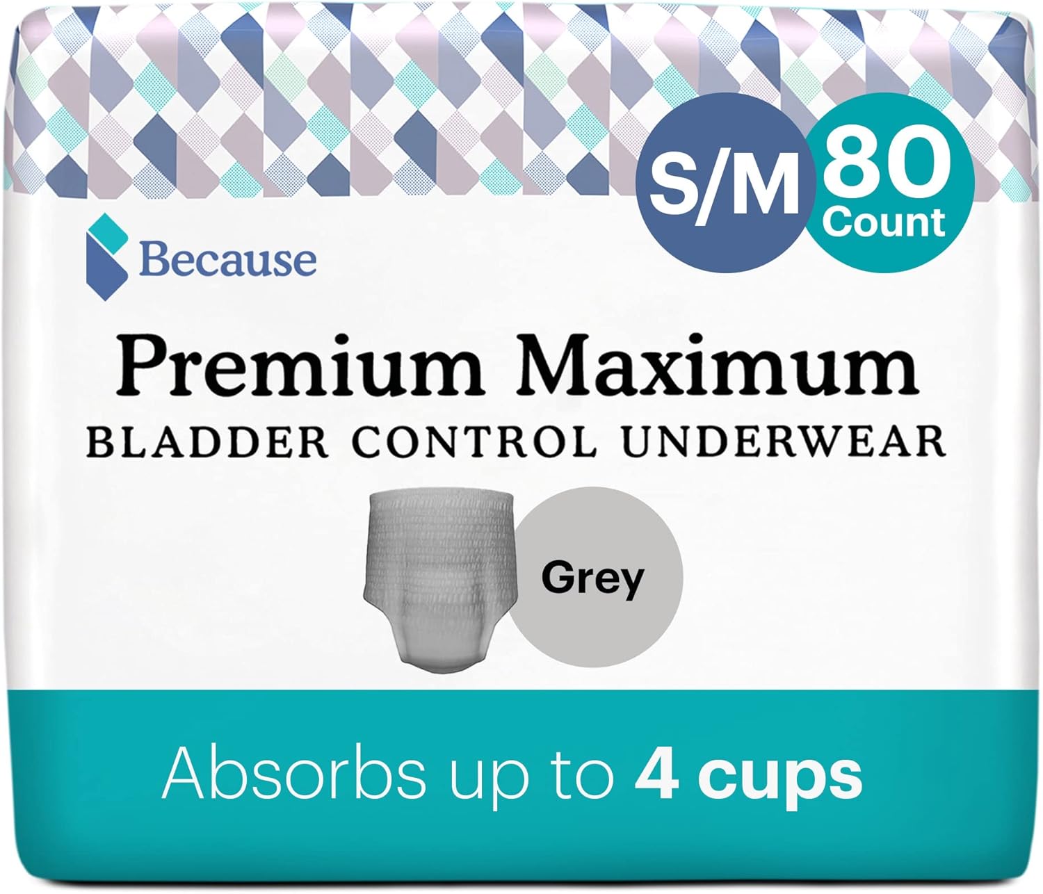 Because Premium Maximum Incontinence Underwear For Men - Heavy Bladder Leak Protection, Ideal For Overnight Leakage, Sleek, Invisible Fit, Grey, Small/Medium -Absorbs 4 Cups - 80 Count (4 Packs Of 20)