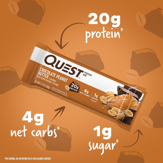 Quest Nutrition Chocolate Peanut Butter Bars, 20G Protein, 1G Sugar, 5G Net Carb, Gluten Free, Keto Friendly, 12 Count