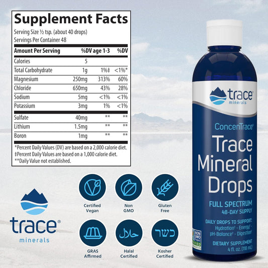 Trace Minerals Concentrace Trace Mineral Drops - Liquid Supplement For Bone & Joint Support - Aids Hydration & Electrolyte Restoration - Unflavored-Original, 4 Fl Oz (48 Servings)