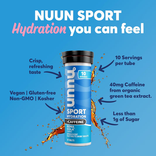 Nuun Sport + Caffeine Electrolyte Tablets - Dissolvable In Water, Kona Cola Flavor | 5 Essential Electrolytes For Hydration | 1G Sugar Drink Mix | Vegan, Non-Gmo | 8 Pack (80 Total Servings)