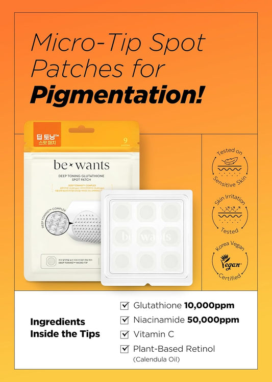 K-Beauty Bewants Deep Toning Glutathione Spot Patch - Korean Skincare | Micro Tip Patches For Improving Skin Elasticity, Texture, Blemishes & Pigmentation | 9 Patches Per Package