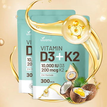 Vitamin D3 10000 Iu Plus K2 (Mk-7) 200 Mcg, 300 Coconut Oil Softgels| 2 In 1 Vit D & K Complex | Supports Calcium Absorption, Bone, Immune, & Heart Health – Easy To Swallow (600 Softgels /2 Bag)