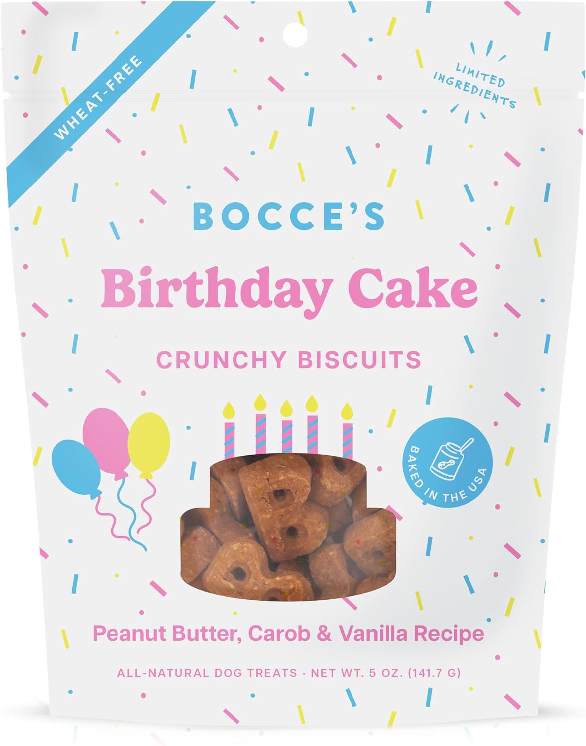 Bocce'S Bakery Birthday Cake Treats For Dogs - Special Edition Wheat-Free Dog Treats, Made With Real Ingredients, Baked In The Usa, All-Natural Peanut Butter Vanilla Biscuits, 5 Oz