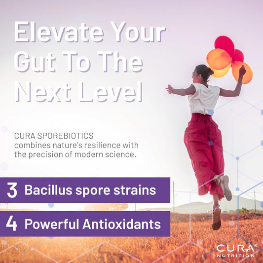 Cura Nutrition Sporebiotics (90 Capsules) Bacillus Coagulans, Subtilis & Clausii Spores Probiotic Supplements With Powerful Antioxidants, Spore Probiotics Live Bacteria, Gut Health Supplement, Vegan