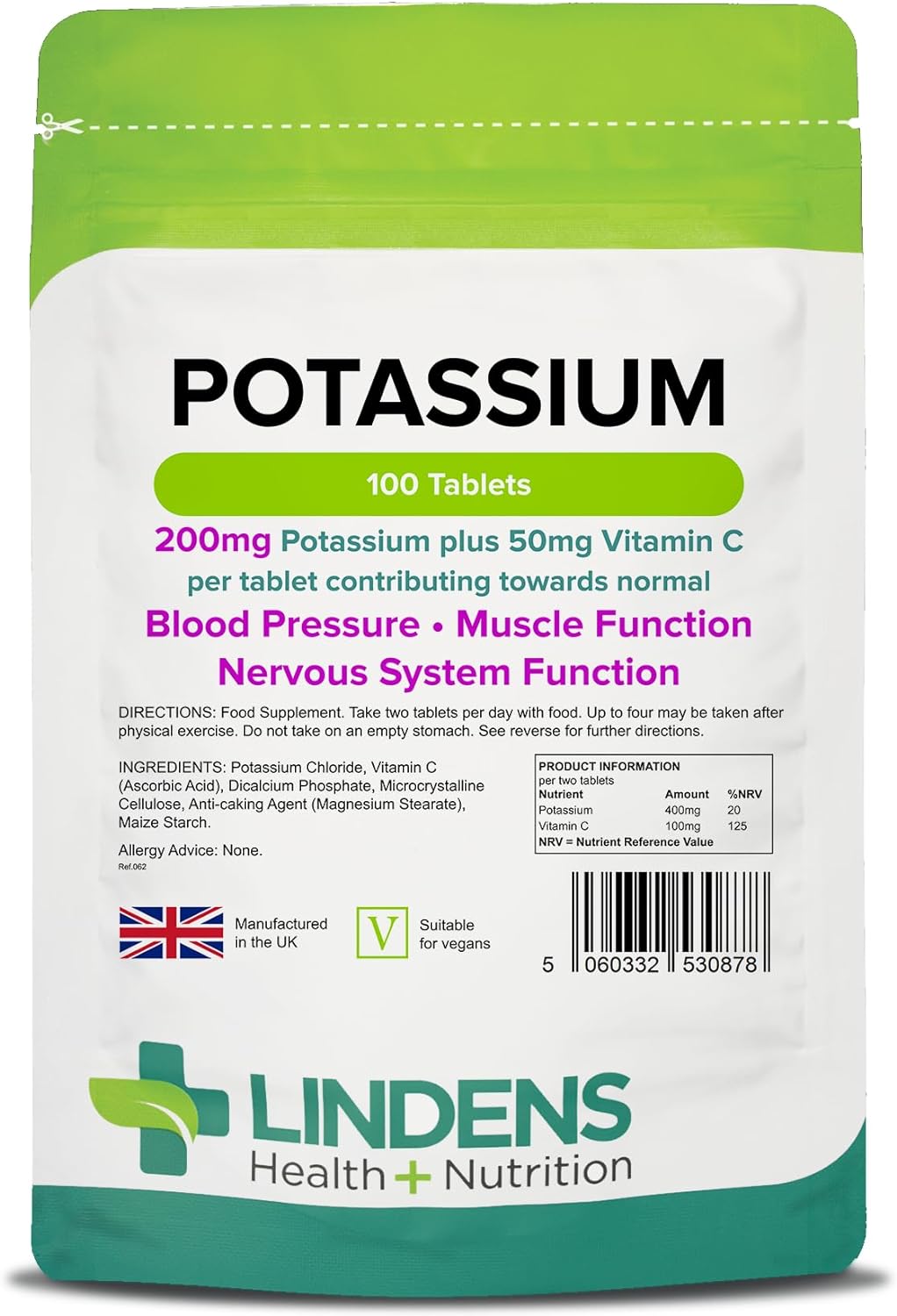 Lindens Potassium 200mg Tablets with 50mg Vitamin C - 100 Tablets - Contributes to Normal Blood Pressure, Muscle Function and Nervous System Function - UK Manufacturer, Letterbox Friendly