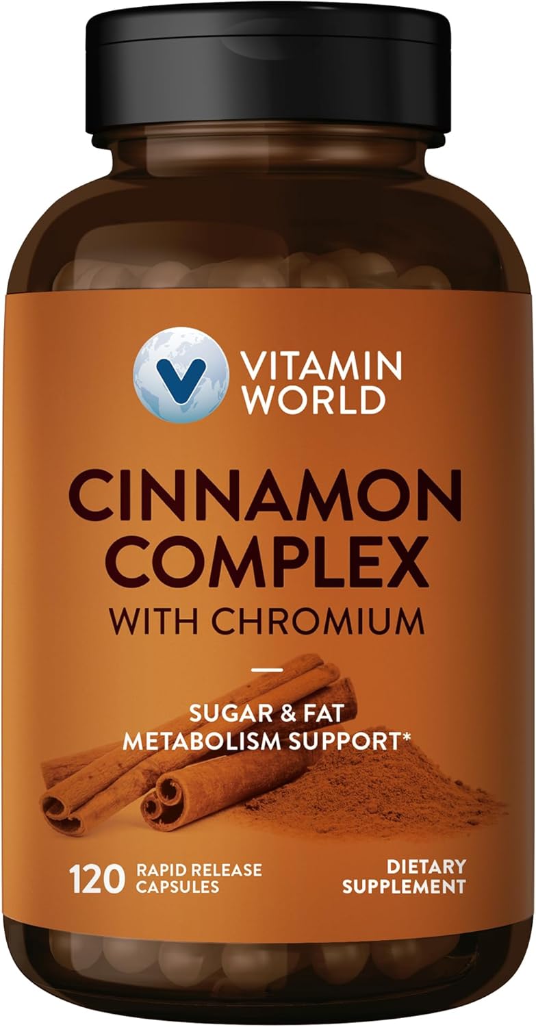 Vitamin World Cinnamon Complex With Chromium, 1000 Mg Cinnamon Supplements With High-Potency Chromium For Healthy Metabolism & Antioxidant Protection, 120 Capsules, 2 Month Supply, Gluten Free