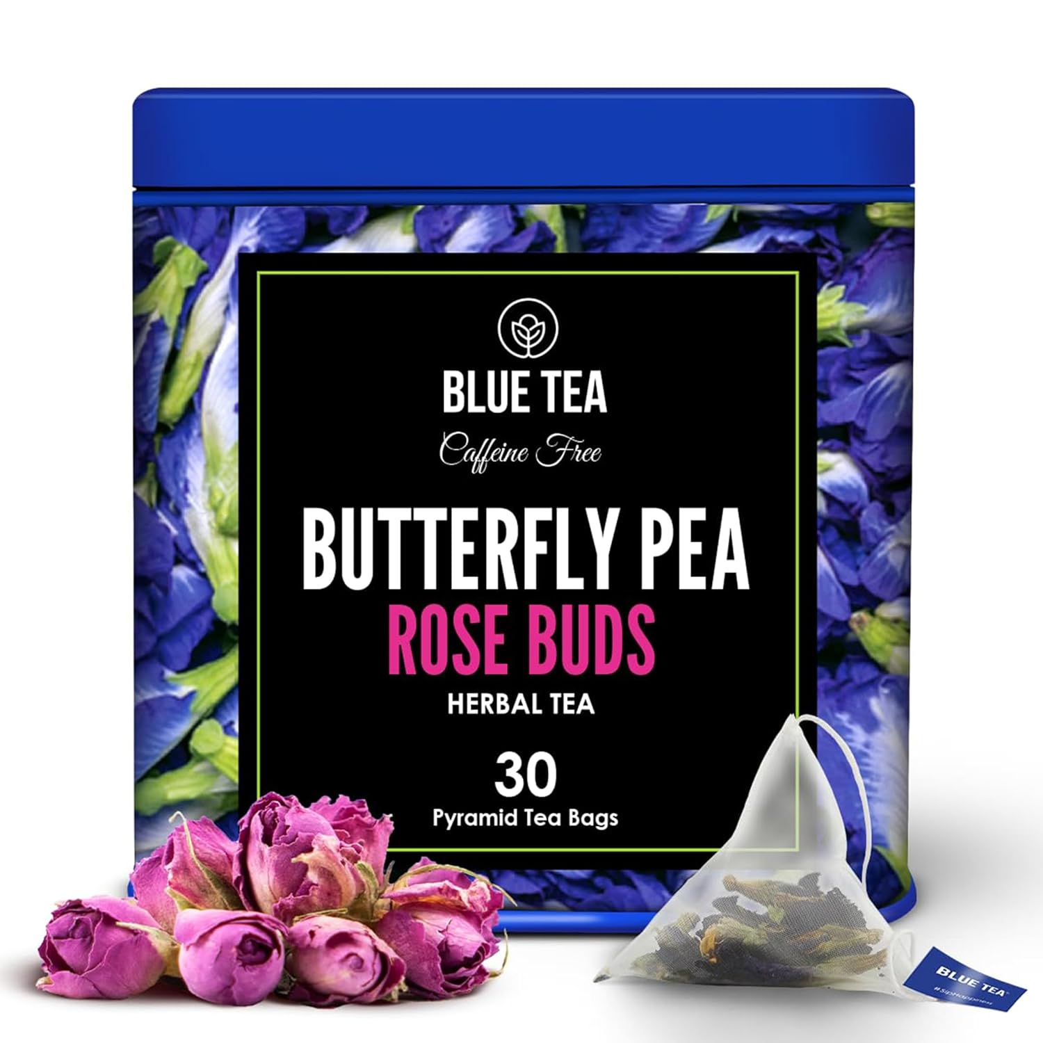 Blue Tea - Butterfly Pea Flower Tea - Rose Buds - 30 Count - Plant Based Tea Bags | Super Anti-Oxidant | Caffeine Free - Non-Bitter - Flower Based - Natural Ingredients - Vegan - Gluten Free - Non-Gmo | Tin Packaging