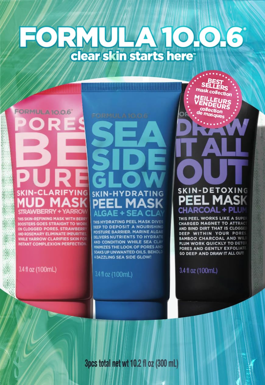 Formula 10.0.6 Face Mask Trio Collection Pouch Pores Be Pure, Sea Side Glow, Draw It All Out (300Ml) : Beauty & Personal Care
