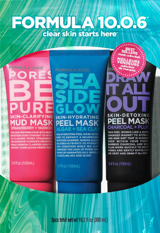 Formula 10.0.6 Face Mask Trio Collection Pouch Pores Be Pure, Sea Side Glow, Draw It All Out (300Ml) : Beauty & Personal Care