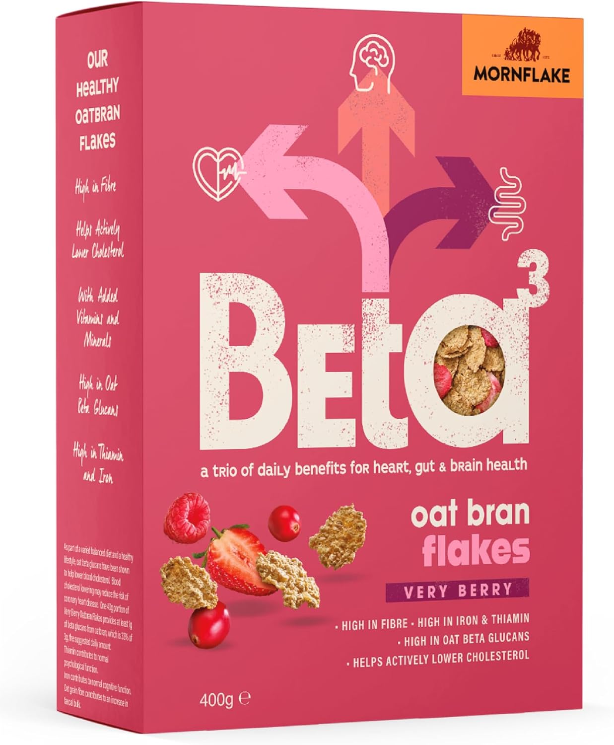 Mornflake - Beta 3 Very Berry Oat Bran Flakes Breakfast Cereal With Strawberries, Raspberries & Cranberries. 1X 400G Box High In Fibre, Thiamin And Iron With Added Vitamins And Minerals