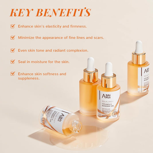 Anai Rui Squalane + Vitamin E Rosehip Oil Moisturizer For Face Hydrate, Reduce Scars And Stretch Marks, Wrinkles For Smoother, Softer Skin 1 Fl. Oz