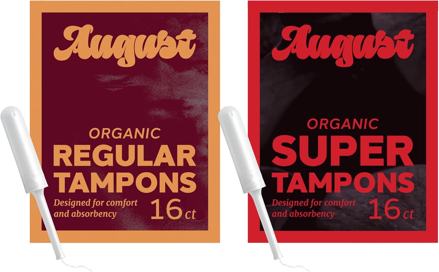 August Organic Tampons Multipack, 16-Pack Regular and 16-Pack Super Absorbency Organic Cotton Tampons Made with Organic Cotton, Long Applicators, Fragrance Free, and Hypoallergenic