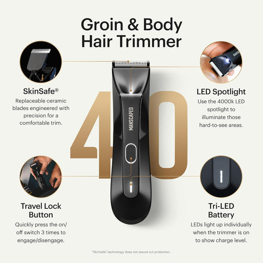 Manscaped® The Lawn Mower® 4.0, Electric Groin Hair Trimmer, Replaceable Skinsafe® Ceramic Blade Heads, Waterproof Wet/Dry Clippers, Rechargeable, Wireless Charging, Male Hygiene Grooming Razor