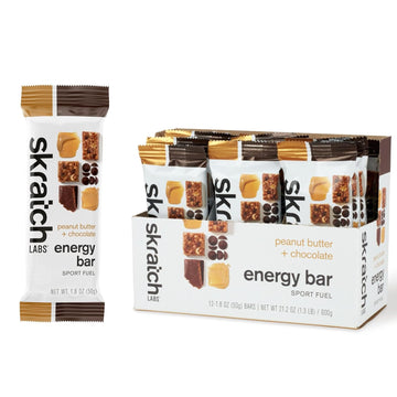 Skratch Labs Energy Bar | Peanut Butter + Chocolate (12 Pack) | Plant Based Healthy Snack | Low Sugar - 5G Protein | Non-Gmo, Gluten Free, Soy Free, Vegan, Kosher