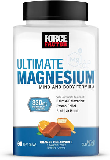 Force Factor Ultimate Magnesium Supplement, Magnesium for Stress Relief, Calm, and Relaxation, Magnesium Chewable, Vegan, Gluten Free, & Non-GMO, Orange Creamsicle Flavor, 60 Soft Chews